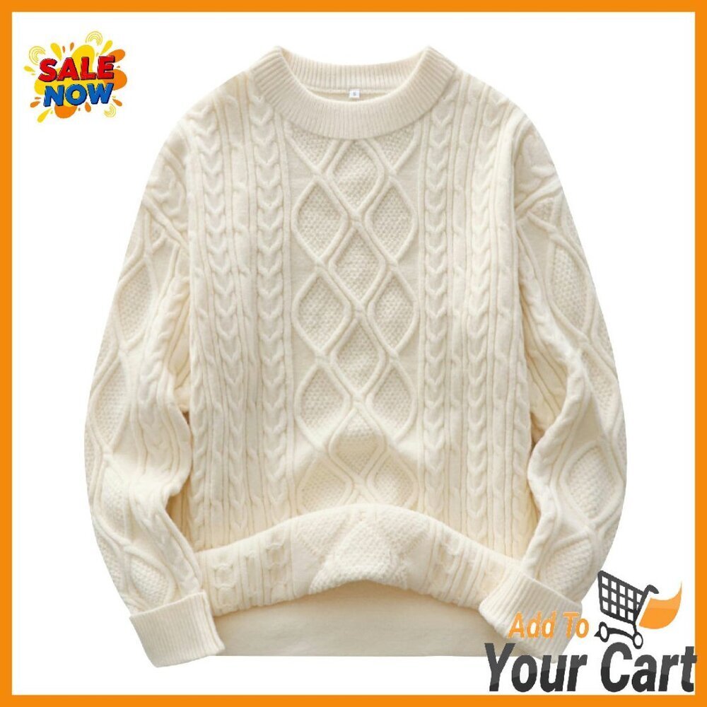 Oversized Chunky Cable Knit Sweater, Thick Winter Pullover, Crew Neck